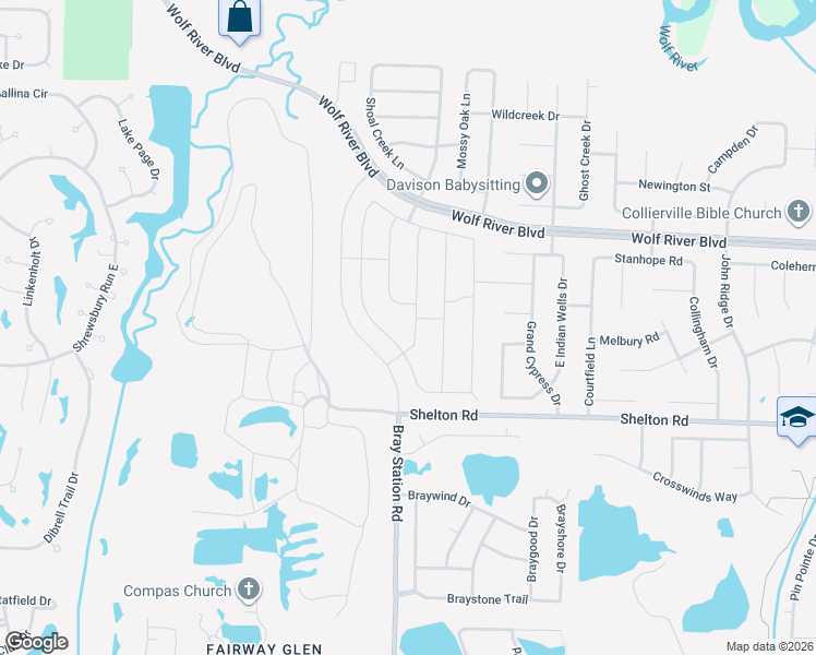 map of restaurants, bars, coffee shops, grocery stores, and more near 1631 Exmoor Lane in Collierville