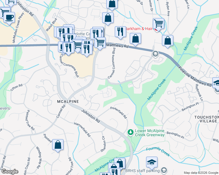 map of restaurants, bars, coffee shops, grocery stores, and more near 6782 Vlosi Drive in Charlotte