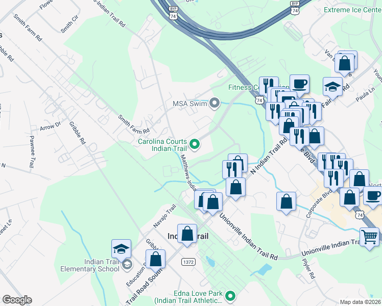 map of restaurants, bars, coffee shops, grocery stores, and more near 240 Chestnut Parkway in Indian Trail