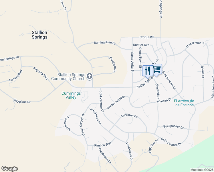 map of restaurants, bars, coffee shops, grocery stores, and more near 28201 Stallion Springs Drive in Tehachapi