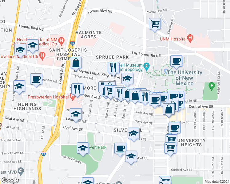 map of restaurants, bars, coffee shops, grocery stores, and more near 122 Maple Street Northeast in Albuquerque