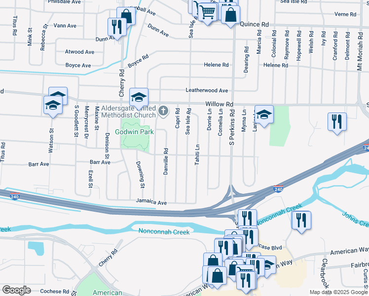 map of restaurants, bars, coffee shops, grocery stores, and more near 1795 Sea Isle Road in Memphis