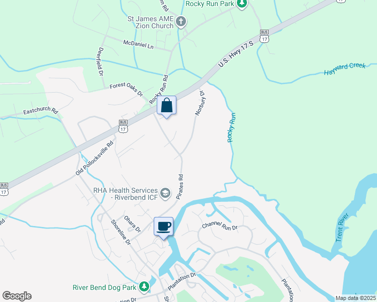 map of restaurants, bars, coffee shops, grocery stores, and more near 250-252 Pirates Road in New Bern