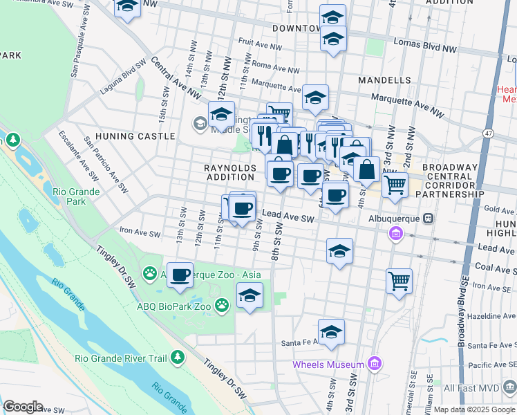 map of restaurants, bars, coffee shops, grocery stores, and more near 920 Lead Avenue Southwest in Albuquerque