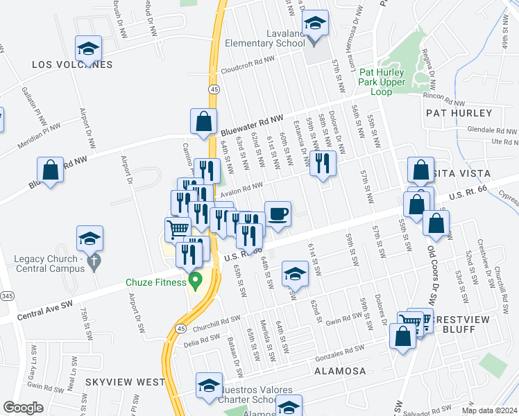 map of restaurants, bars, coffee shops, grocery stores, and more near 205 Avalon Place Northwest in Albuquerque