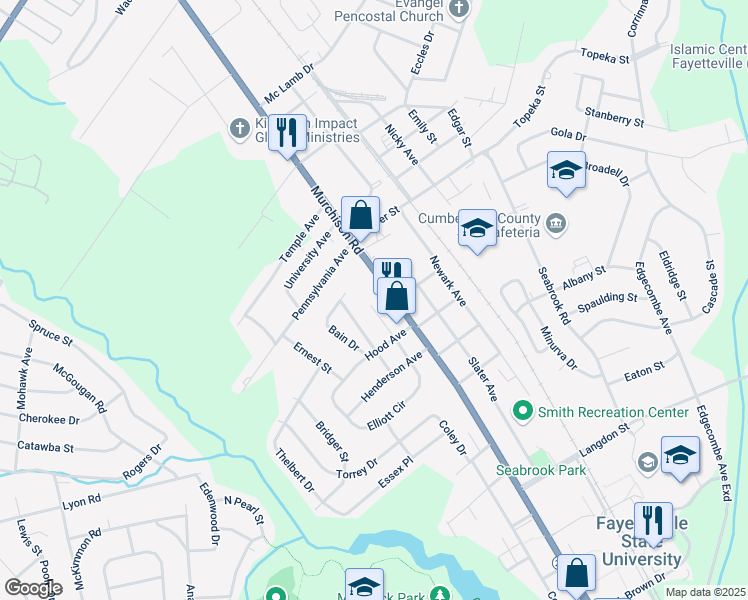 map of restaurants, bars, coffee shops, grocery stores, and more near 1920 Armstrong Street in Fayetteville