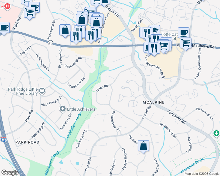 map of restaurants, bars, coffee shops, grocery stores, and more near 10925 Painted Tree Road in Charlotte