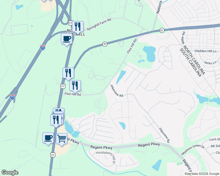 map of restaurants, bars, coffee shops, grocery stores, and more near 3511 Conway Court in Fort Mill