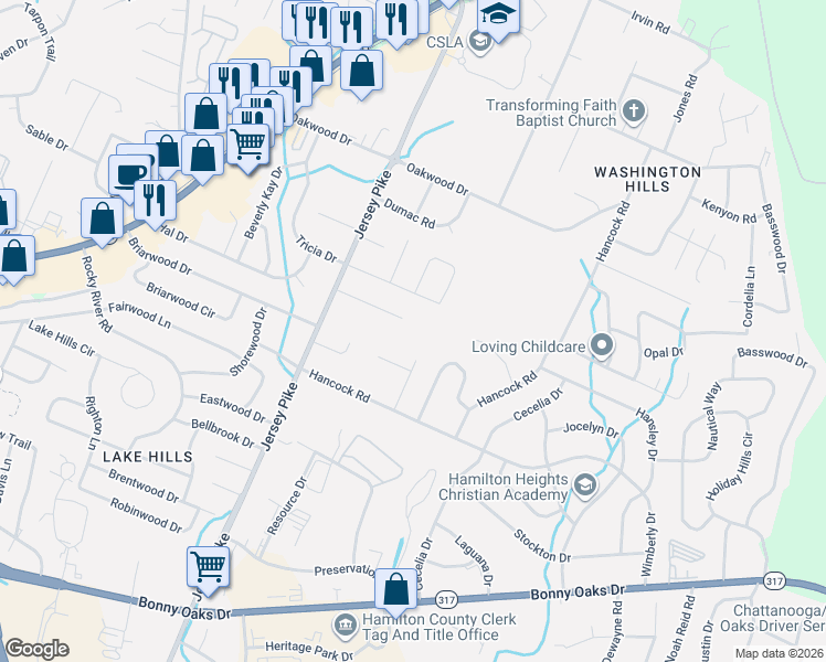 map of restaurants, bars, coffee shops, grocery stores, and more near 4527 Tomben Lane in Chattanooga
