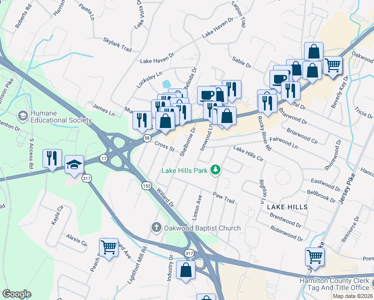 map of restaurants, bars, coffee shops, grocery stores, and more near 4313 Innwood Lane in Chattanooga