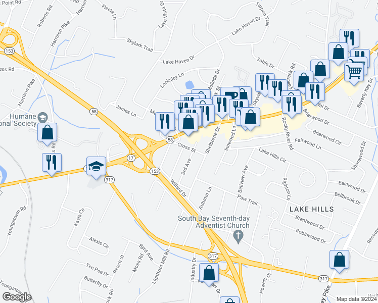 map of restaurants, bars, coffee shops, grocery stores, and more near 4216 Wilkesview Drive in Chattanooga