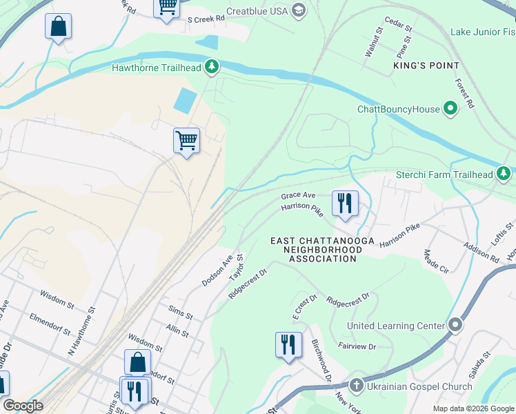 map of restaurants, bars, coffee shops, grocery stores, and more near 2316 Harrison Pike in Chattanooga