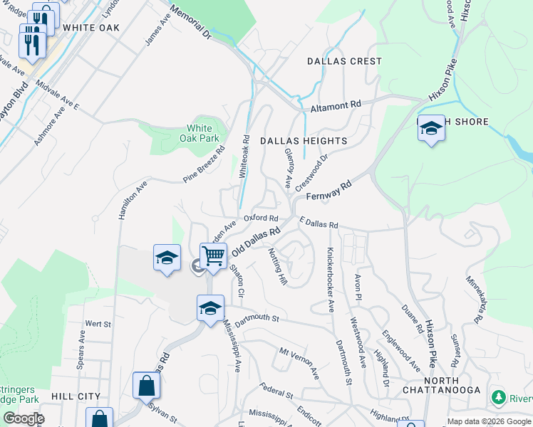 map of restaurants, bars, coffee shops, grocery stores, and more near 1631 Whiteoak Road in Chattanooga
