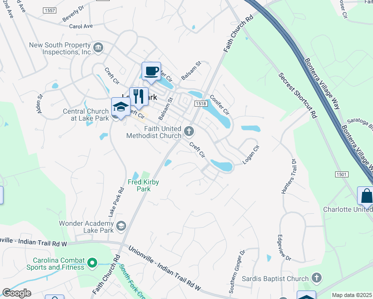 map of restaurants, bars, coffee shops, grocery stores, and more near 3615 Kristofer Drive in Indian Trail