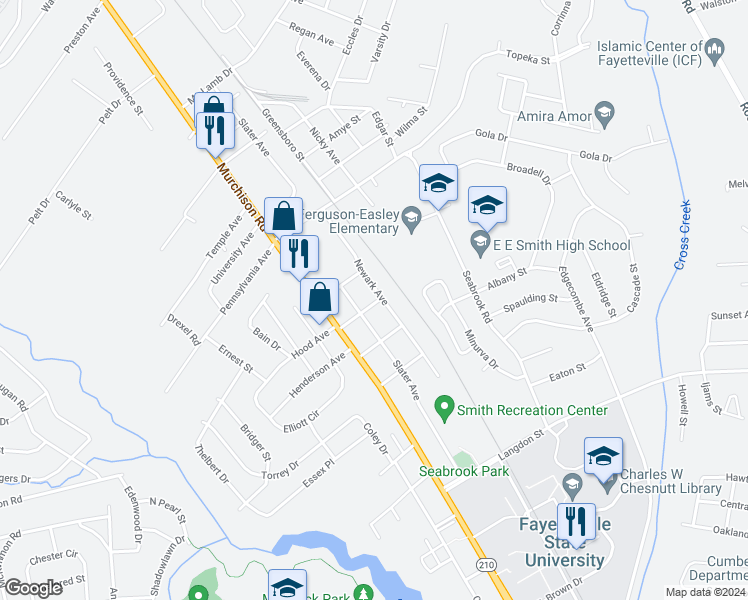 map of restaurants, bars, coffee shops, grocery stores, and more near 1901 Newark Avenue in Fayetteville