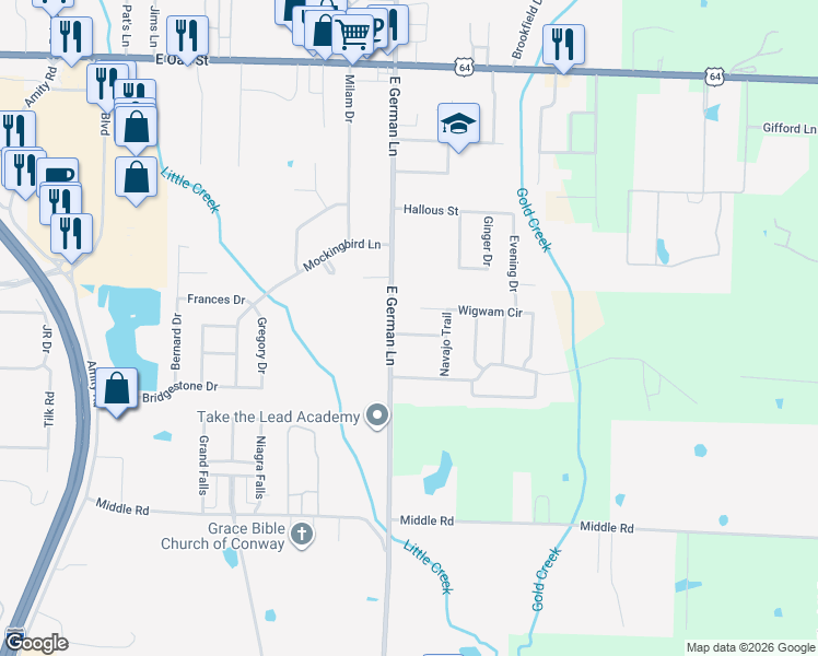 map of restaurants, bars, coffee shops, grocery stores, and more near 1911 Arrowhead Lane in Conway