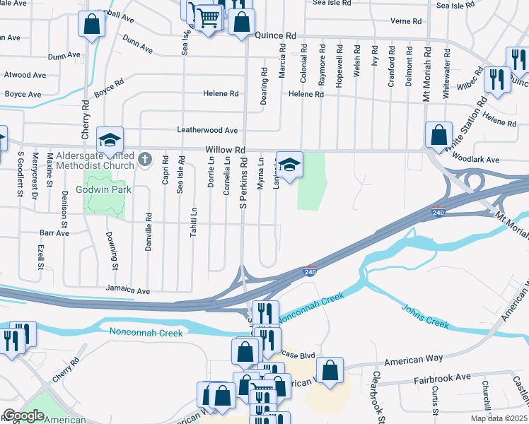 map of restaurants, bars, coffee shops, grocery stores, and more near 1796 Myrna Lane in Memphis