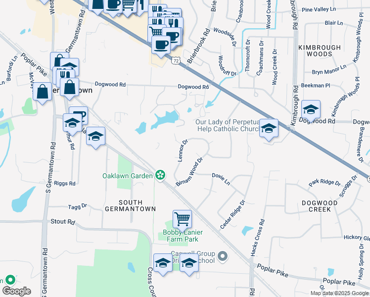 map of restaurants, bars, coffee shops, grocery stores, and more near 2460 Lennox Drive in Germantown