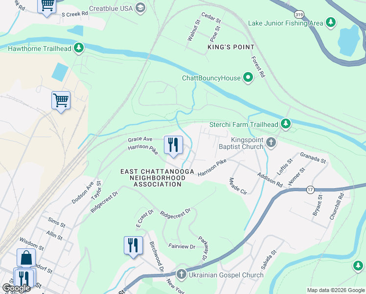 map of restaurants, bars, coffee shops, grocery stores, and more near 3940 Grace Avenue in Chattanooga