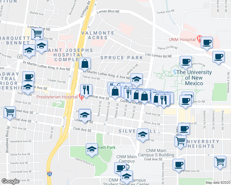 map of restaurants, bars, coffee shops, grocery stores, and more near 116 Sycamore Street Northeast in Albuquerque