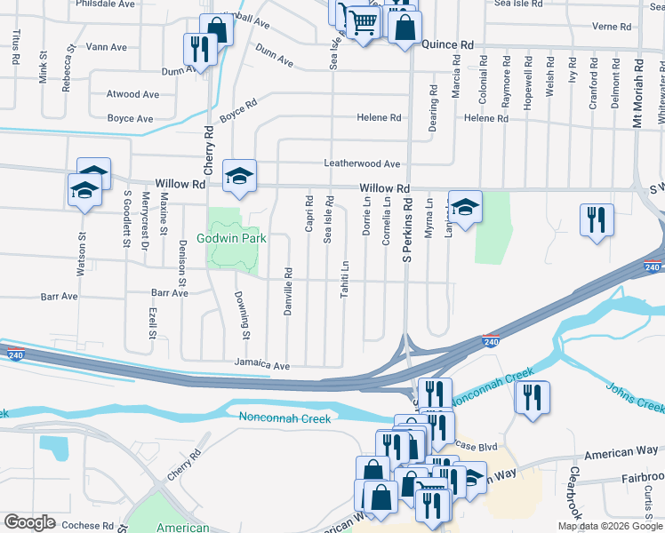 map of restaurants, bars, coffee shops, grocery stores, and more near 1796 Sea Isle Road in Memphis