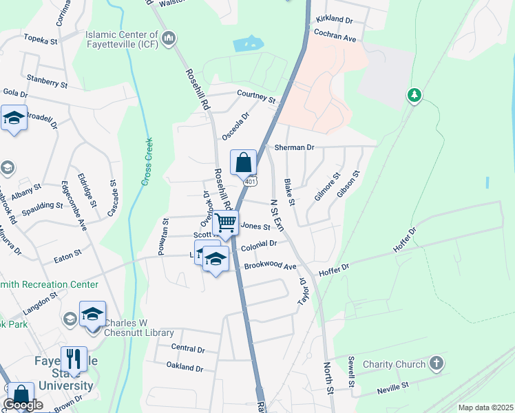 map of restaurants, bars, coffee shops, grocery stores, and more near 112 Williston Street in Fayetteville