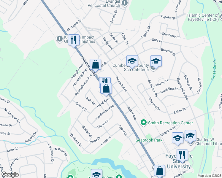map of restaurants, bars, coffee shops, grocery stores, and more near 1907 Murchison Rd in Fayetteville