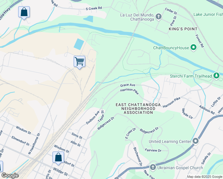 map of restaurants, bars, coffee shops, grocery stores, and more near 3723 Grace Avenue in Chattanooga