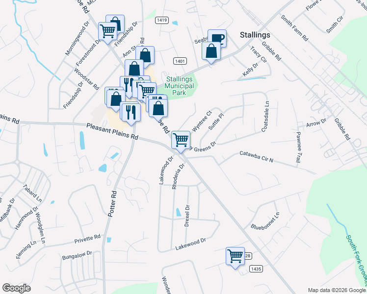 map of restaurants, bars, coffee shops, grocery stores, and more near 3116 Old Monroe Road in Stallings