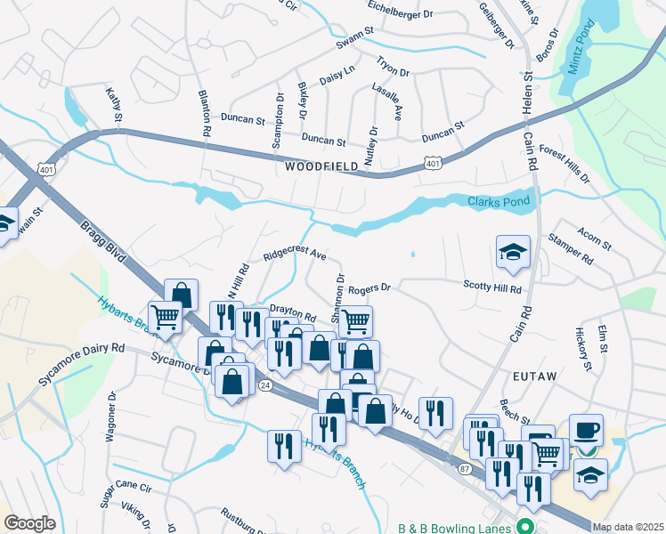 map of restaurants, bars, coffee shops, grocery stores, and more near 3503 Ridgecrest Avenue in Fayetteville