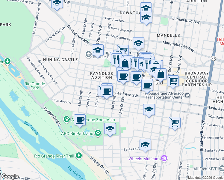 map of restaurants, bars, coffee shops, grocery stores, and more near 909 Lead Avenue Southwest in Albuquerque