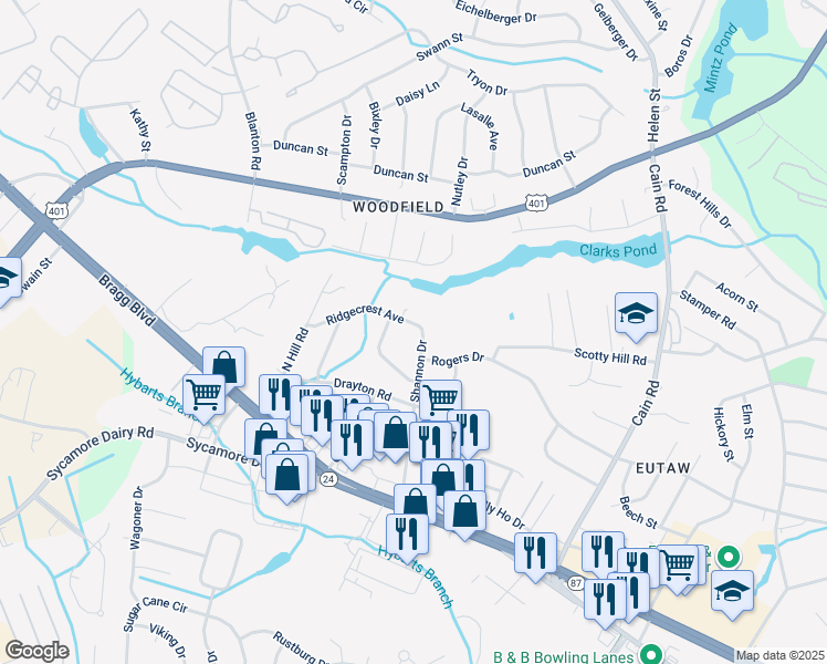 map of restaurants, bars, coffee shops, grocery stores, and more near 3503 Ridgecrest Avenue in Fayetteville