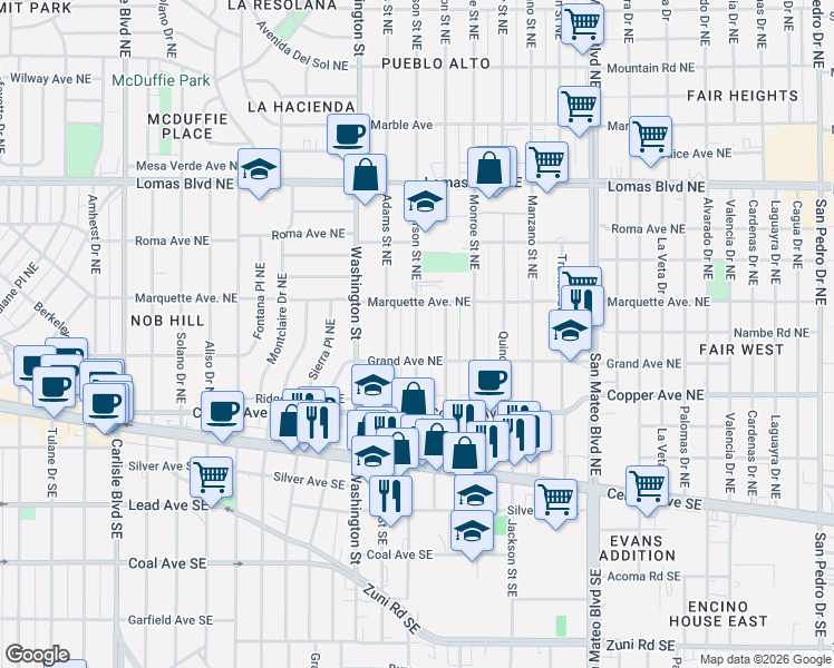 map of restaurants, bars, coffee shops, grocery stores, and more near 320 Jefferson Street Northeast in Albuquerque