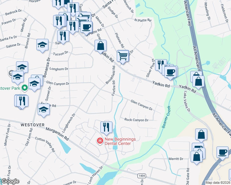 map of restaurants, bars, coffee shops, grocery stores, and more near 5247 Foxfire Road in Fayetteville