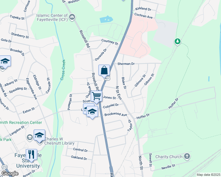 map of restaurants, bars, coffee shops, grocery stores, and more near 112 Williston Street in Fayetteville