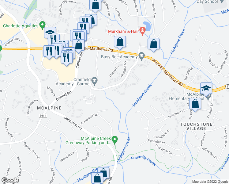 map of restaurants, bars, coffee shops, grocery stores, and more near 6740 Poppy Hills Lane in Charlotte