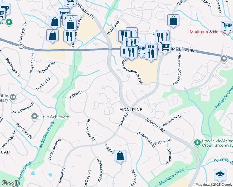 map of restaurants, bars, coffee shops, grocery stores, and more near 10901 Carmel Crossing Road in Charlotte
