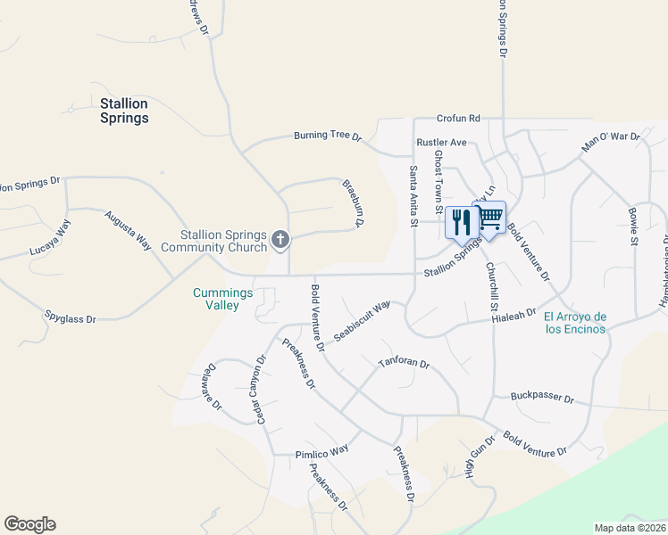 map of restaurants, bars, coffee shops, grocery stores, and more near 28201 Stallion Springs Drive in Tehachapi