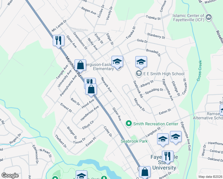 map of restaurants, bars, coffee shops, grocery stores, and more near 1805 Newark Avenue in Fayetteville