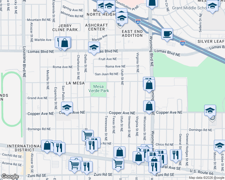 map of restaurants, bars, coffee shops, grocery stores, and more near 523 Texas Street Northeast in Albuquerque