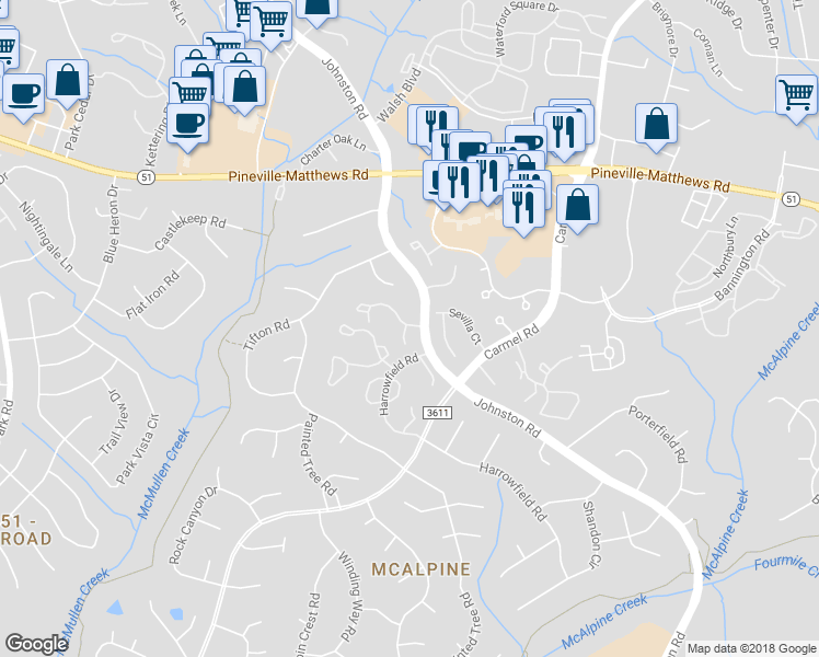 map of restaurants, bars, coffee shops, grocery stores, and more near 10901 Carmel Crossing Road in Charlotte