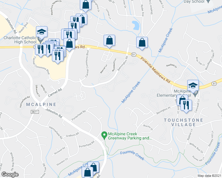 map of restaurants, bars, coffee shops, grocery stores, and more near 6765 Poppy Hills Lane in Charlotte
