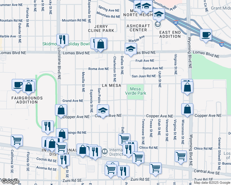 map of restaurants, bars, coffee shops, grocery stores, and more near 502 Grove Street Northeast in Albuquerque