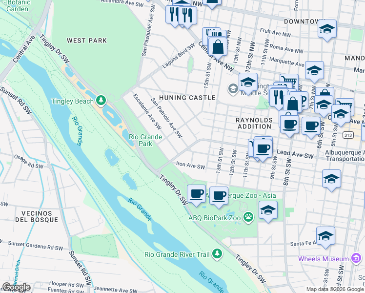 map of restaurants, bars, coffee shops, grocery stores, and more near 4 Broadcast Plaza Southwest in Albuquerque