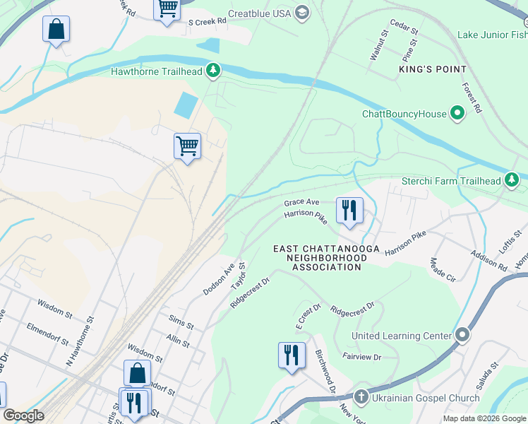 map of restaurants, bars, coffee shops, grocery stores, and more near 2316 Harrison Pike in Chattanooga