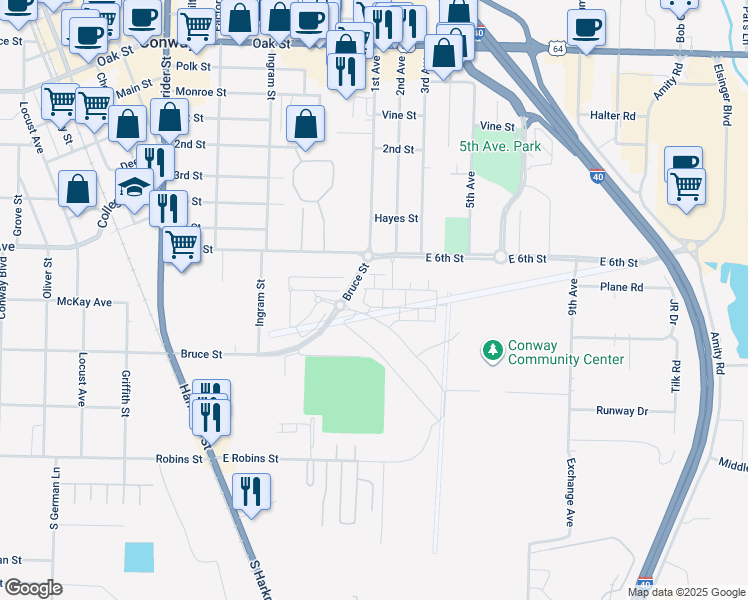 map of restaurants, bars, coffee shops, grocery stores, and more near 316 Bruce Street in Conway