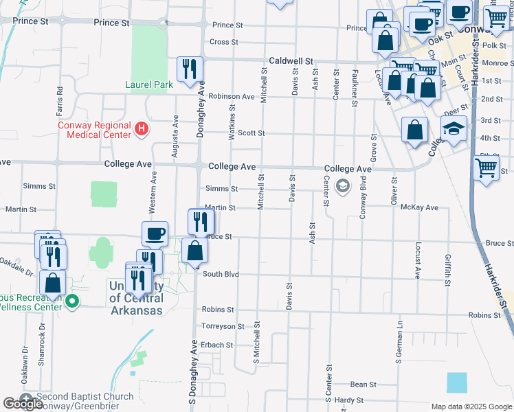 map of restaurants, bars, coffee shops, grocery stores, and more near 1919 Martin Street in Conway