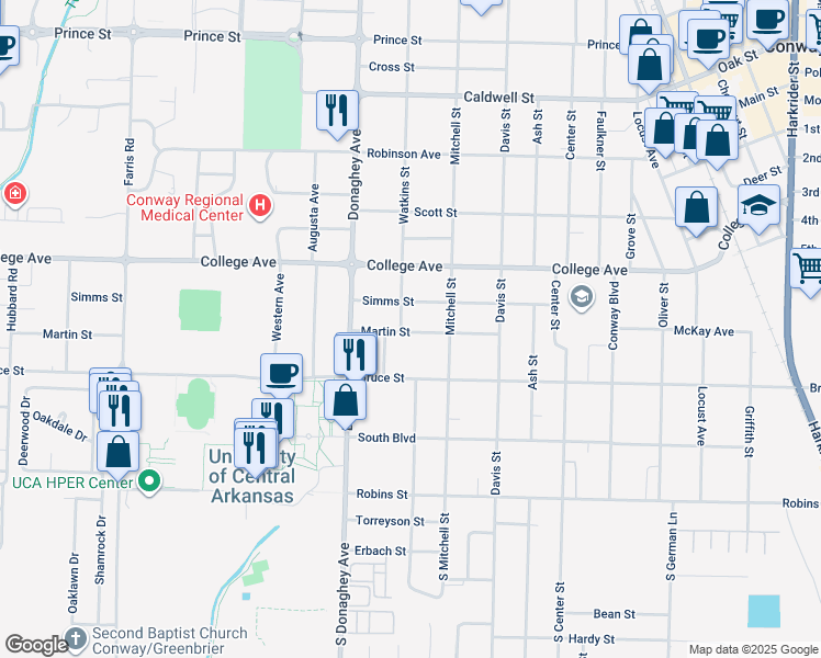 map of restaurants, bars, coffee shops, grocery stores, and more near 1919 Martin Street in Conway