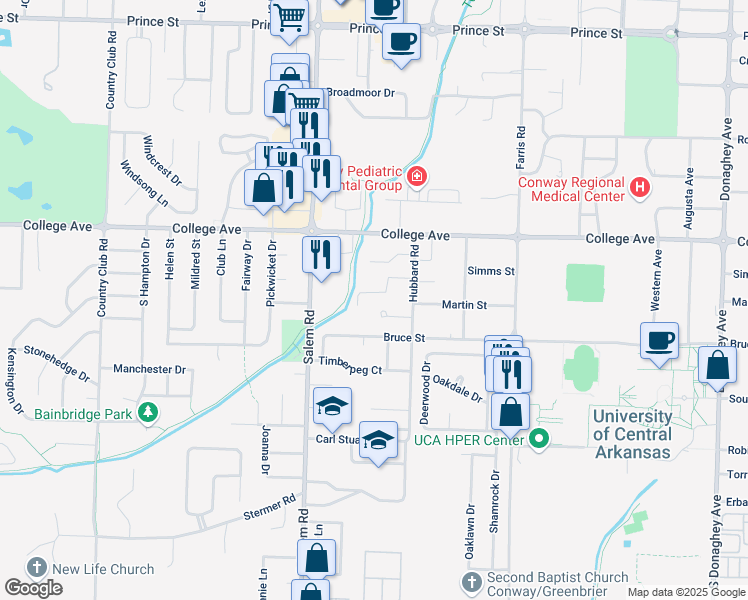 map of restaurants, bars, coffee shops, grocery stores, and more near 2895 Floyd Drive in Conway