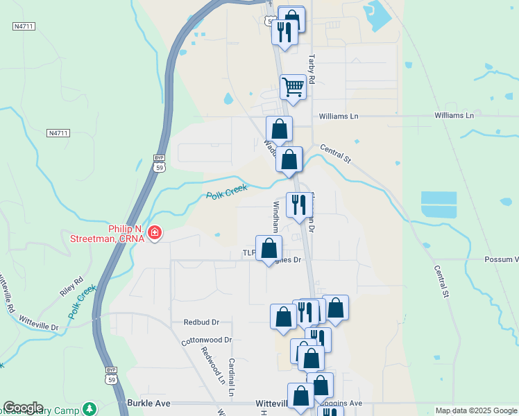 map of restaurants, bars, coffee shops, grocery stores, and more near 101-199 Windham Street in Poteau